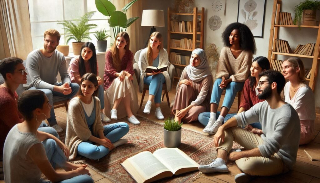 A group of people discussing literature